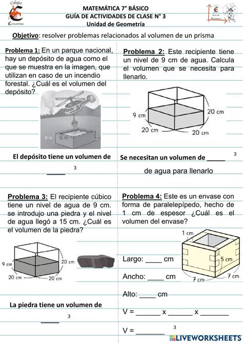 Ficha online de Volumen de los cuerpos geométricos para 7 Básico