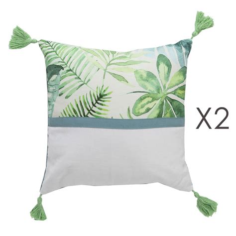 Lot De 2 Coussins 40x40 Cm Blanc Et Décor Végétal Et Pompons Sunset Maison Et Styles