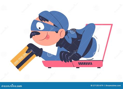 Masked Cyber Thief Stealing Credit Card From Laptop Computer Hacker Stealing Money Cyber