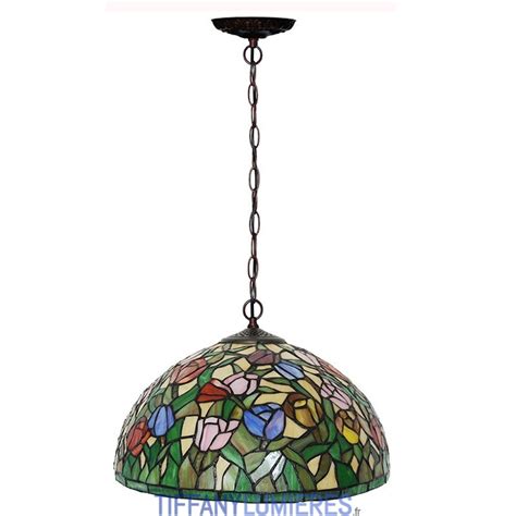 40 cm Tulipe 1 Lumière Tiffany Vitrail Suspension France