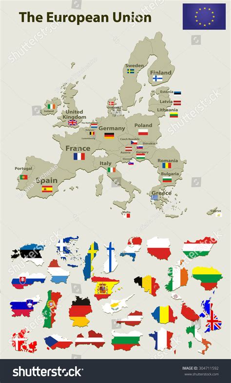 Vektor Stok European Union Map All Countries Flags Tanpa Royalti