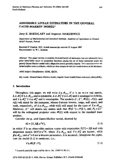 Pdf Admissible Linear Estimators In The General Gauss Markov Model Augustyn Markiewicz