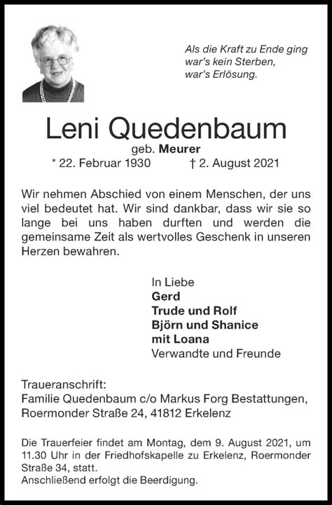 Traueranzeigen Von Leni Quedenbaum Aachen Gedenkt