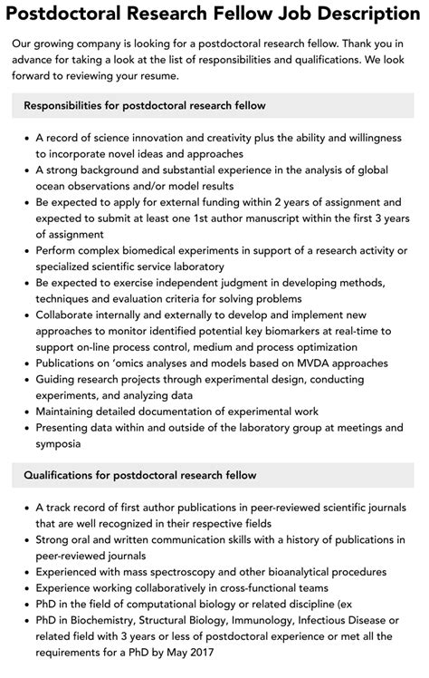 Postdoctoral Research Fellow Job Description Velvet Jobs