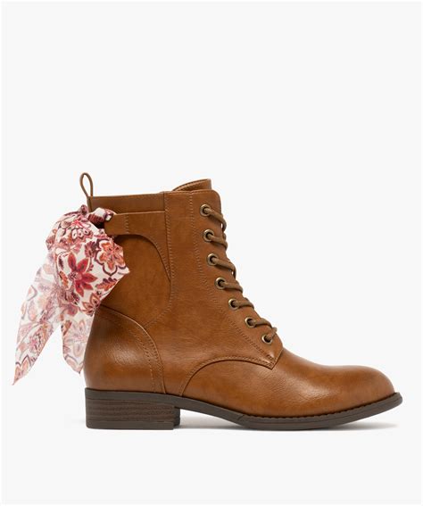 Bottines Femme Lacets Et Zip Avec Foulard Fantaisie Camel Gemo