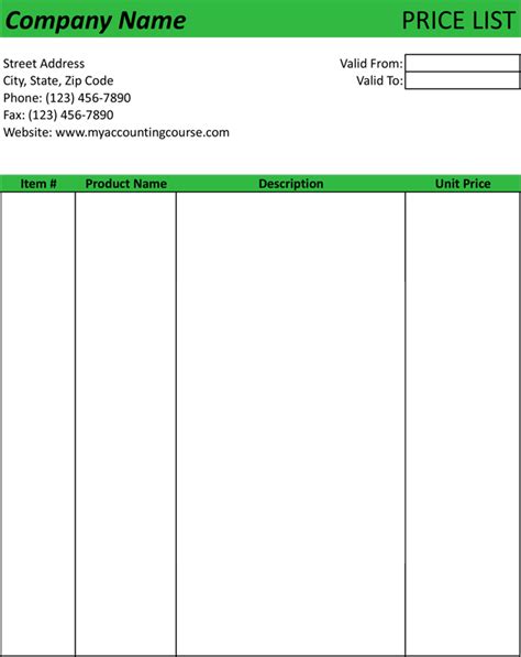 Price List Template | Sample | Form | Free Download PDF | Excel | Word