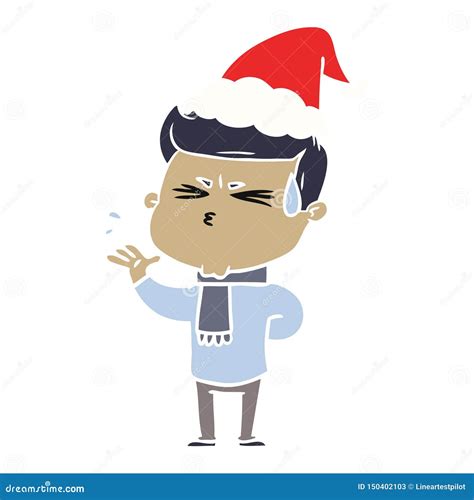 Hand Drawn Flat Color Illustration Of A Man Sweating Wearing Santa Hat