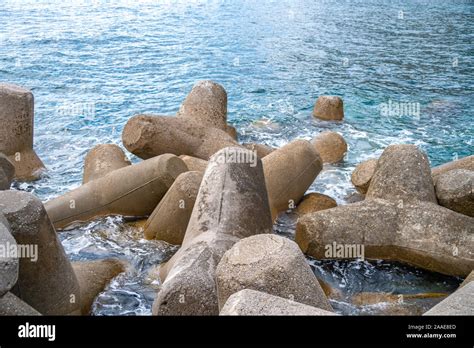 Breakwater Of Concrete Tetrapods In Amalfi Coastal Town Mediterranean