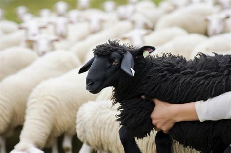 Premium Photo Person Holding Black Sheep In A Flock Of White Ones