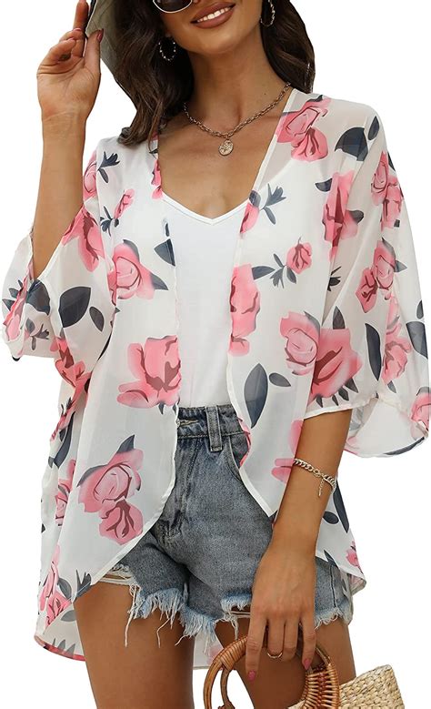 Chunoy Women Floral Print Lightweight Chiffon Kimono Cardigan Short