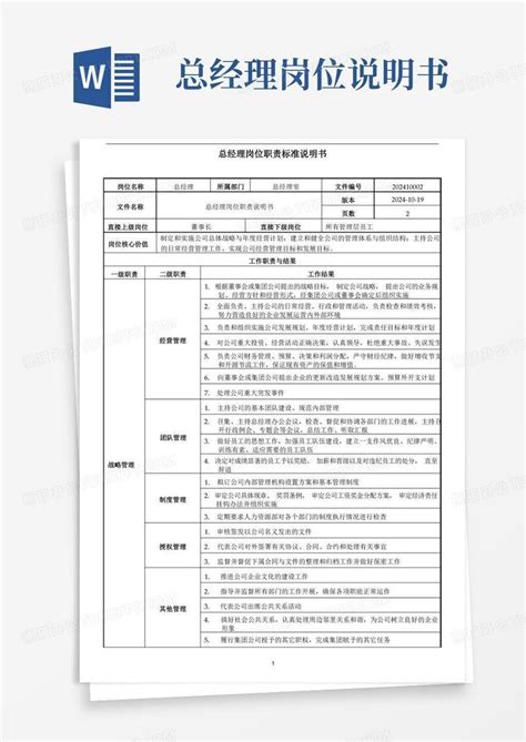 总经理岗位职责说明书 完整版 Word模板下载 编号lwkmzvej 熊猫办公