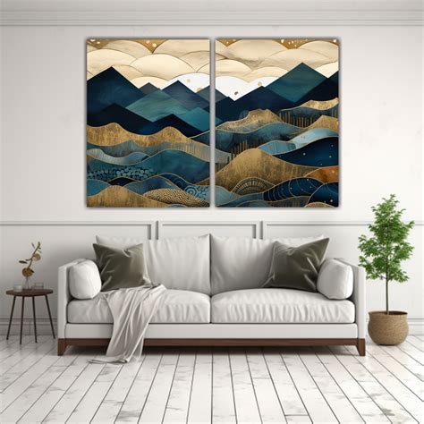 Cuadro Decorativo Montañas Paisaje Dorado Y Azul DecoCuadros