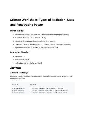 Science Worksheet Types Of Radiation Uses And Penetrating Power Teaching Resources