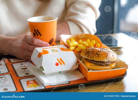 Tray Full of Fast Food in Russian McDonalds Restaurant Vkusno I Tochka, Big Mac Menu, Chicken ...