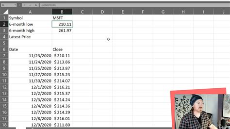 Stockhistory Function In Excel To Determine The 6 Month Closing Low And The 6 Month Closing