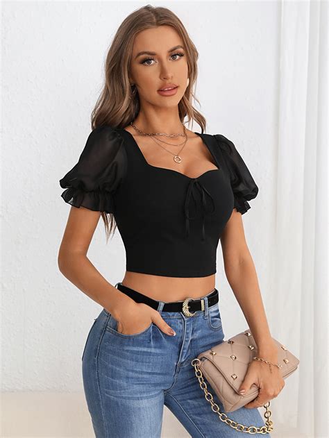 Shein Priv Sweetheart Neck Puff Sleeve Knot Front Crop Tee Shein Uk