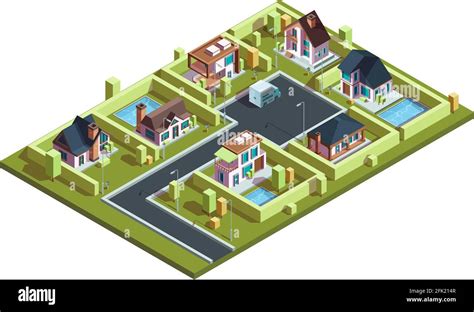 Cottage Village Isometric Suburban Modern Residential Houses