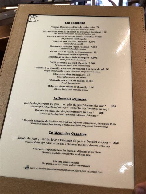 Menu At Les Cocottes Restaurant Paris Rue Saint Dominique