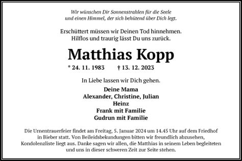 Traueranzeigen Von Matthias Kopp Trauer Op Online De