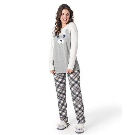 Pijama Manga Longa Feminino Xadrez Moleton Toque Da Pele