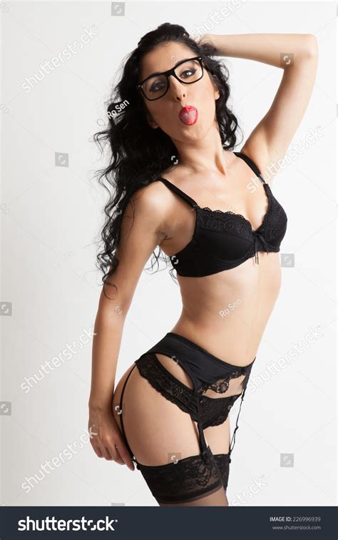 Sexy Brunette Woman Black Lingerie Glasses Stock Photo Edit Now