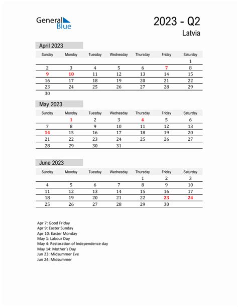 Q2 2023 Quarterly Calendar With Latvia Holidays