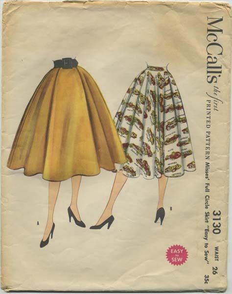 Vintage Circle Skirt Sewing Pattern Mccalls 3130 Year 1955 Bust Na Waist 26 Hip 35