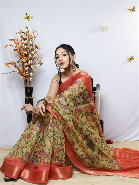 Women S Pure Organza Kalamkari Printed Saree Dvz0003183 Dvanza