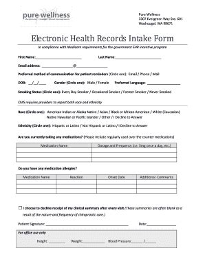 Fillable Online Electronic Health Records Intake Form Pure Wellness