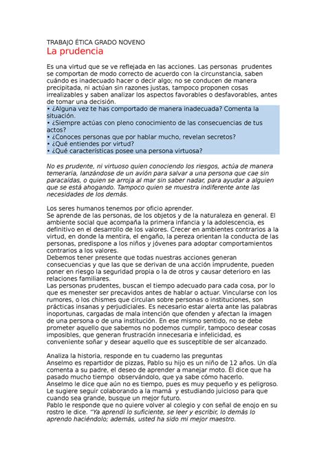 Trabajo Ética Grado Noveno TRABAJO ÉTICA GRADO NOVENO La prudencia Es