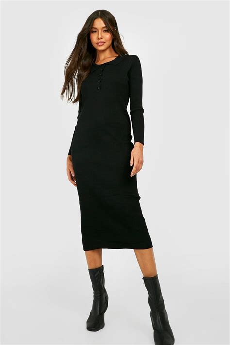 Polo Collar Rib Knitted Midaxi Dress Boohoo Uk