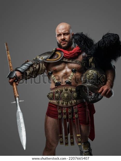 Shot Serious Roman Gladiator Naked Torso Stock Photo