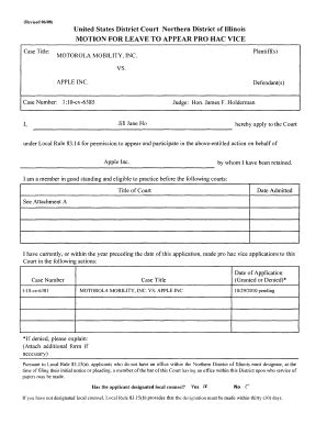 Fillable Online Motion For Leave To Appear Pro Hac Vice Filing Fee