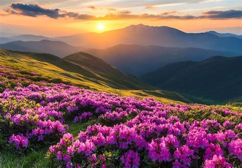 Magic Pink Rhododendron Flowers In The Mountains Summer Sunrise