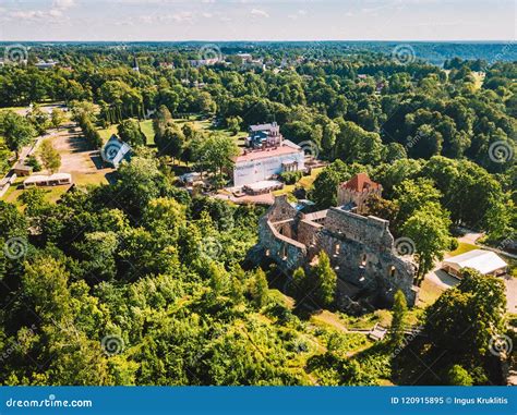 Aerial View On Beautiful Famous New Castle In Sigulda Latvia Editorial