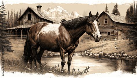 "Western Horse Art with Barn and Stream" - a stunning artwork of a majestic horse in a western ...