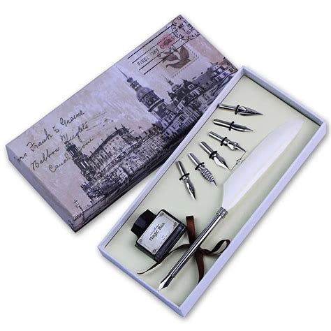 Vintage Colored Feather High Quality Quill Dip Pen Writing Ink Set