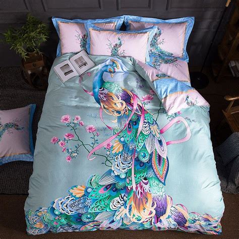 New 4pcs 100 Cotton Printed Colourful Peacock Bedding Set High Quality