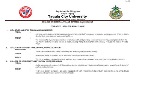 Syllabus Asian Cuisine Republic Of The Philippines City Of Taguig