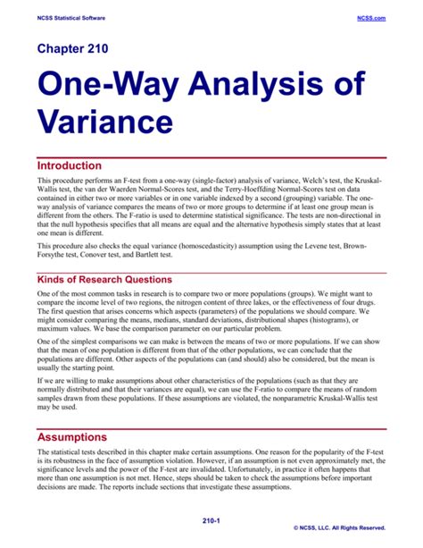 One Way Analysis Of Variance