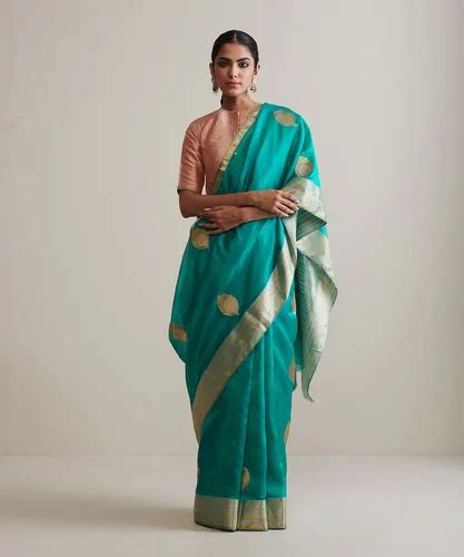 Teal Handloom Pure Chanderi Silk Saree With Nakshi Border And Anardana