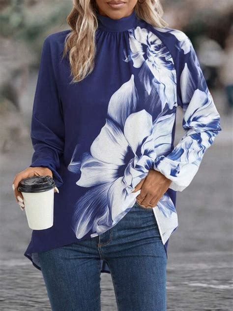 Floral Print Mock Neck Lantern Sleeve Blouse Shein Usa