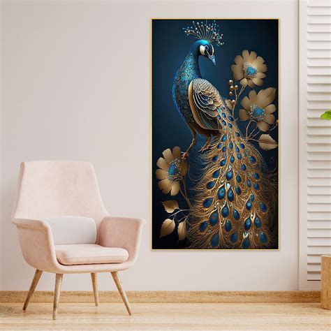 Modern Art Golden Peacock Oriental Luxury Style Canvas Framed Wall Pai