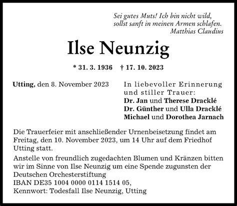 Traueranzeigen Von Ilse Neunzig Allg Uer Zeitung