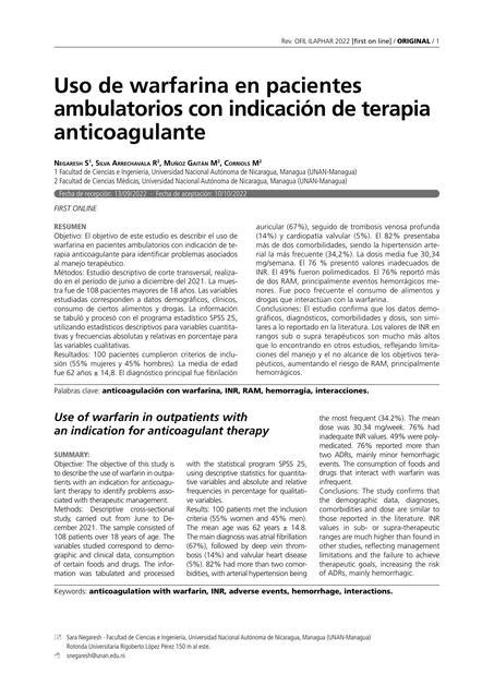 Uso De Warfarina En Pacientes Ambulatorios Con Indicaci N De Terapia