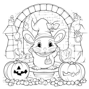 Desenho De Halloween Para Colorir Rato Abóbora No Castelo Antiestresse