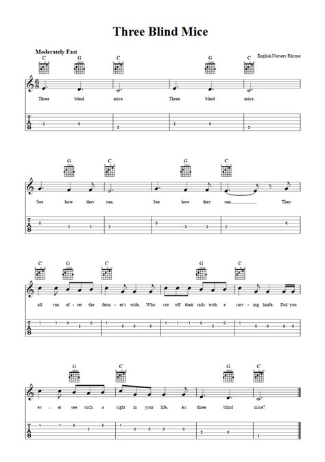 Three Blind Mice Easy Guitar Sheet Music And Tab With Chords And Lyrics