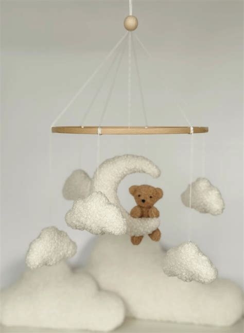 Mobile Teddy Bear Boucle Clouds Boucle Neutral Gender Mobile Nursery