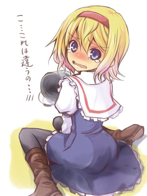 Safebooru Adapted Costume Alice Margatroid Angry Between Thighs Black Legwear Blonde Hair Blue