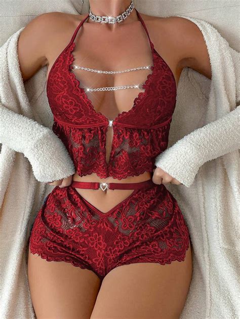 Women S Chain Detail See Through Lace Lingerie Set Shein Usa